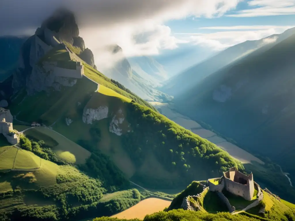 Tesoro oculto cátaros Pirineos: Ruinas de un castillo antiguo en la brumosa montaña, con una figura solitaria contemplando la vasta belleza