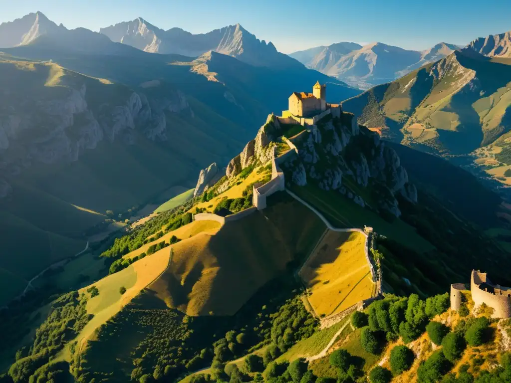 Tesoro oculto cátaros Pirineos: espectacular imagen de los escarpados Pirineos con antigua fortaleza cátara y arqueólogos trabajando