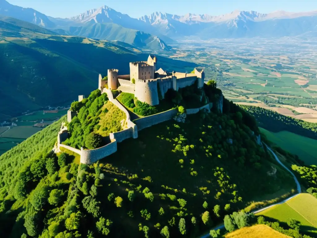 Tesoro oculto cátaros Pirineos: Ruinas de un castillo cátaro en los majestuosos y escarpados Pirineos, rodeado de exuberante vegetación y cielo azul