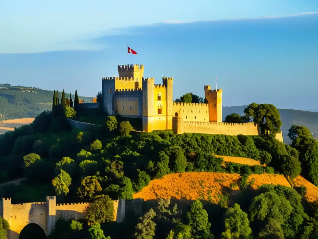 Tesoro oculto templarios Portugal: Castillo medieval en Tomar bañado por la luz dorada del atardecer, rodeado de misterio y encanto
