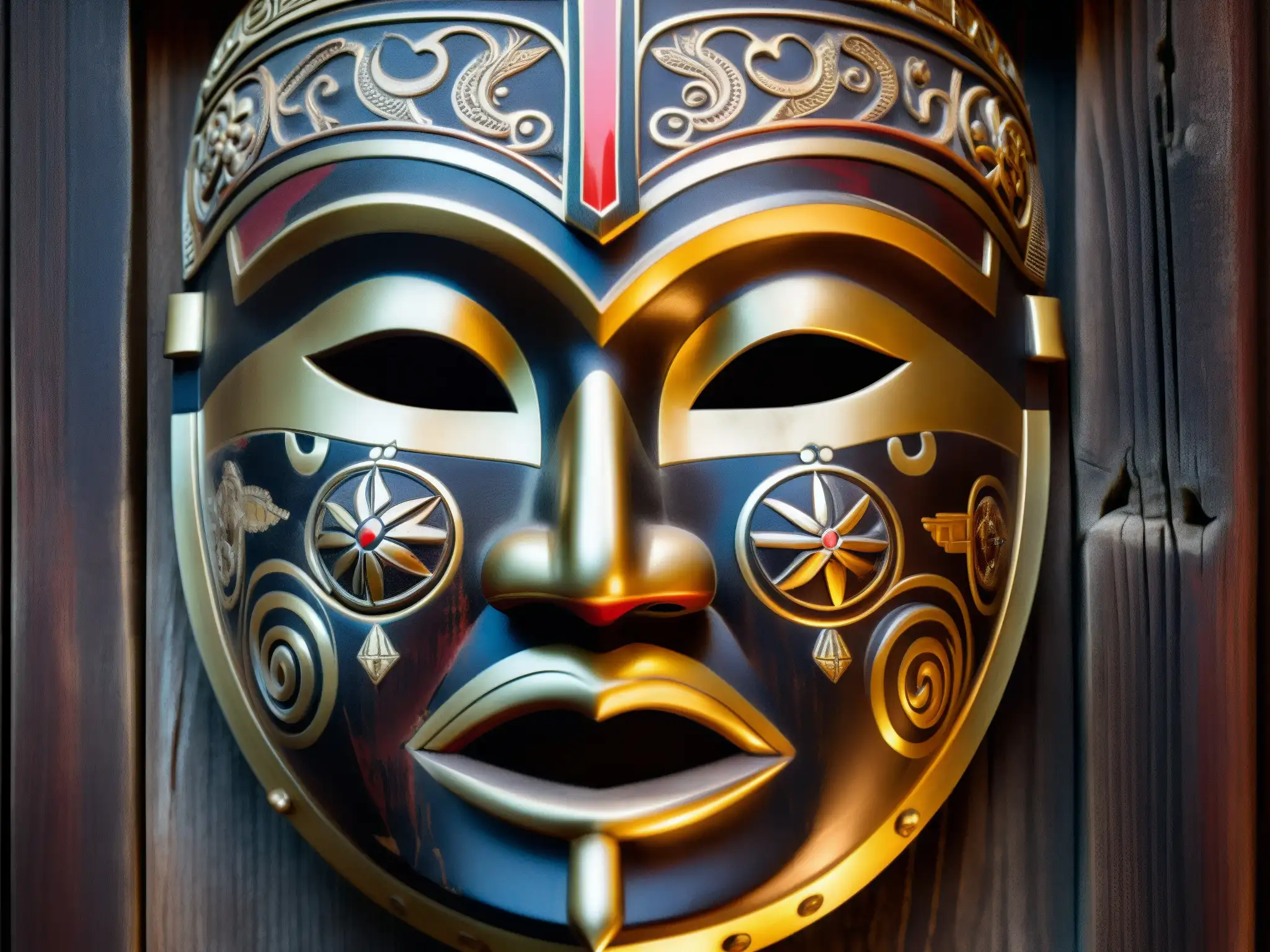 El texto ALT en español para la imagen es: 'Máscara de madera oscura con detallados grabados, evocando el espíritu vengador de Bengal'