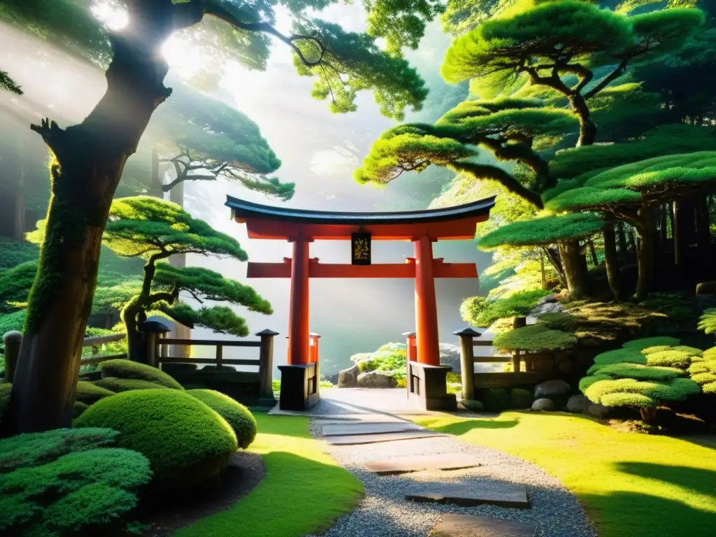 Un torii japonés rodeado de vegetación exuberante, con sombras y luz filtrándose entre las hojas