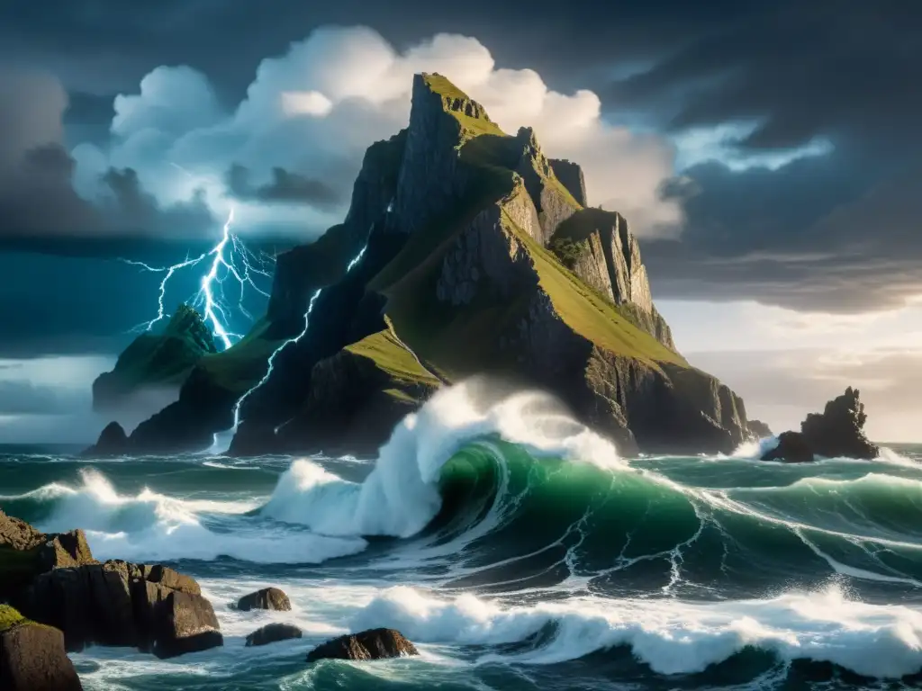 Tormentoso paisaje marino con un kraken escandinavo legendario entre las olas tempestuosas y los acantilados iluminados por relámpagos