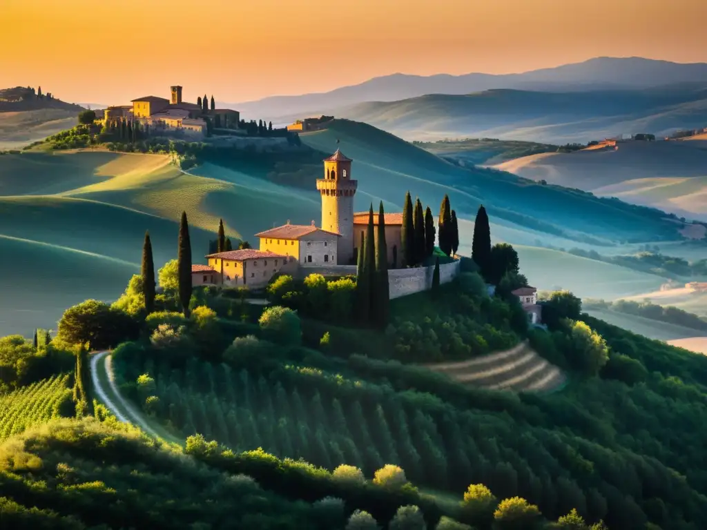 Torre del Diavolo, arquitectura maldita en Toscana, bañada en la luz dorada del atardecer entre colinas verdes