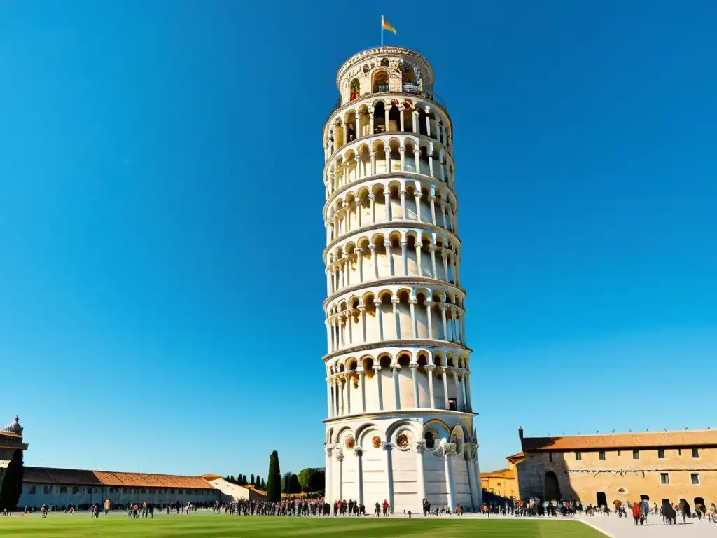 La maldición de la Torre de Pisa: Visitantes maravillados observan la icónica torre inclinada bajo el cálido sol y cielo azul