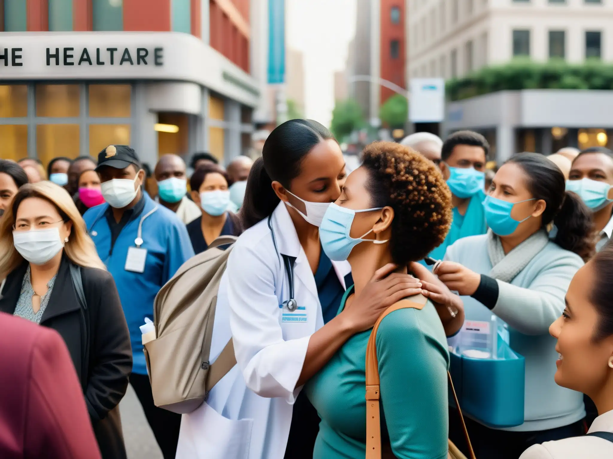 Una trabajadora de la salud administra una vacuna en una concurrida calle urbana, evocando la evolución de mitos urbanos sobre vacunas y salud pública
