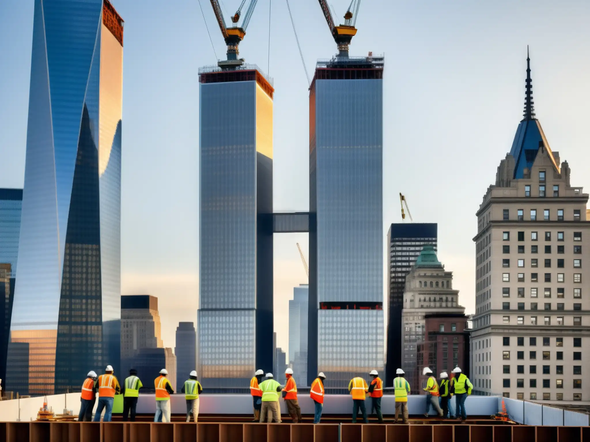 Dos trabajadores de la construcción ensamblan las icónicas Torres Gemelas en Nueva York, destacando la magnitud del proyecto