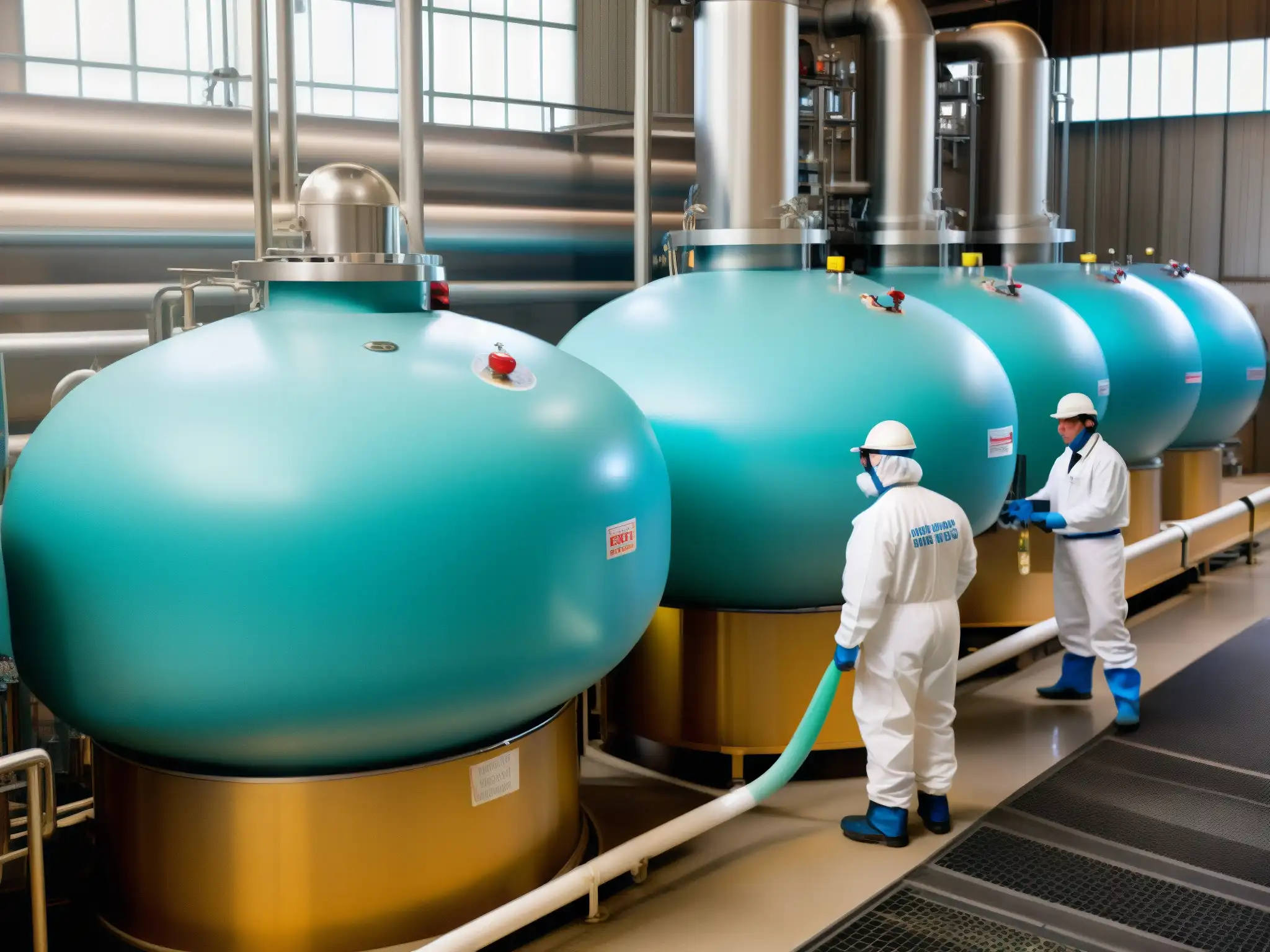 Trabajadores añaden flúor al agua potable en una planta industrial, creando una atmósfera clínica y tecnológica