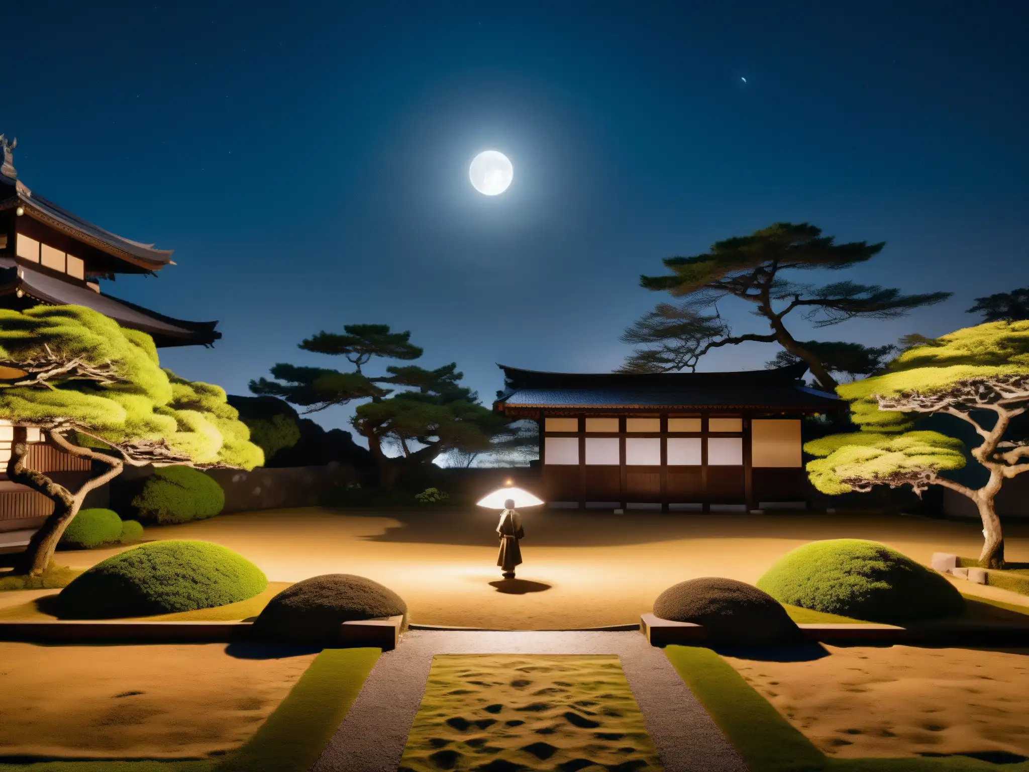 Un jardín japonés tradicional iluminado por la luna, donde un solitario toca el biwa bajo el cielo nocturno