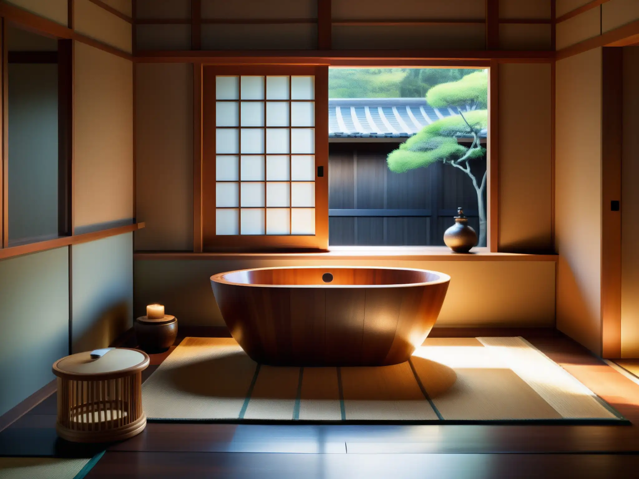 Baño tradicional japonés con tina de madera, luz natural y serenidad, significado cultural de Aka Manto