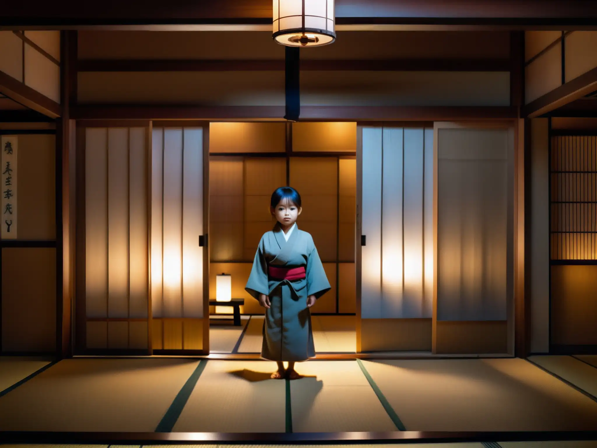 En una habitación tradicional japonesa, se ve la figura fantasmal de un niño rodeado de objetos flotantes, con una luz misteriosa
