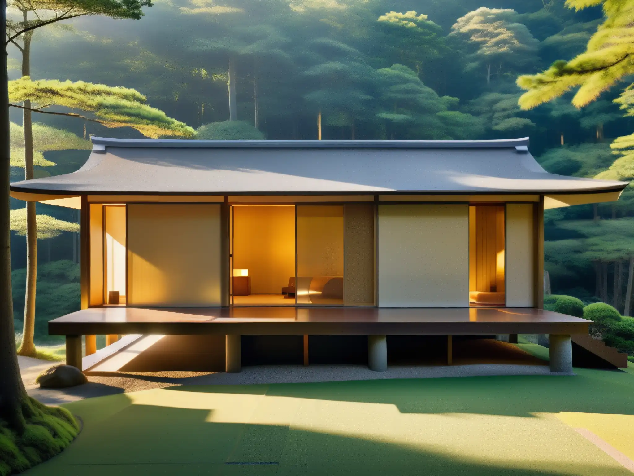 Tradicional casa japonesa de papel iluminada por el sol poniente en un bosque denso