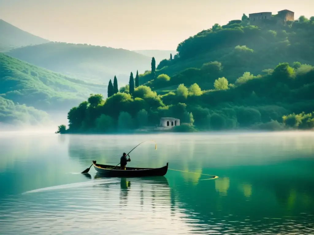 Tranquila atmósfera en Lago Nemi, Italia, con pescador y ruinas, evocando la leyenda del Lago Ness en Italia