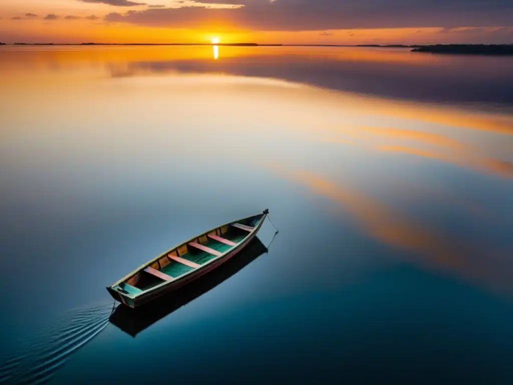 Tranquilo atardecer en el lago Volta Ghana con barca pesquera, reflejos dorados y serena belleza natural