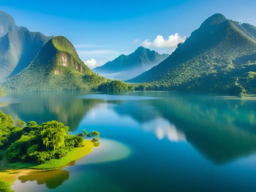 El tranquilo Lago Bosumtwi, rodeado de exuberante vegetación, refleja el cielo azul