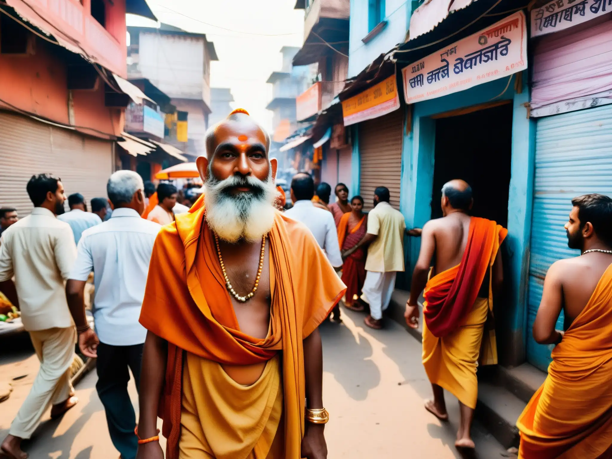 Un tranquilo Sadhu en una concurrida calle de Varanasi, India, con el Ganges de fondo