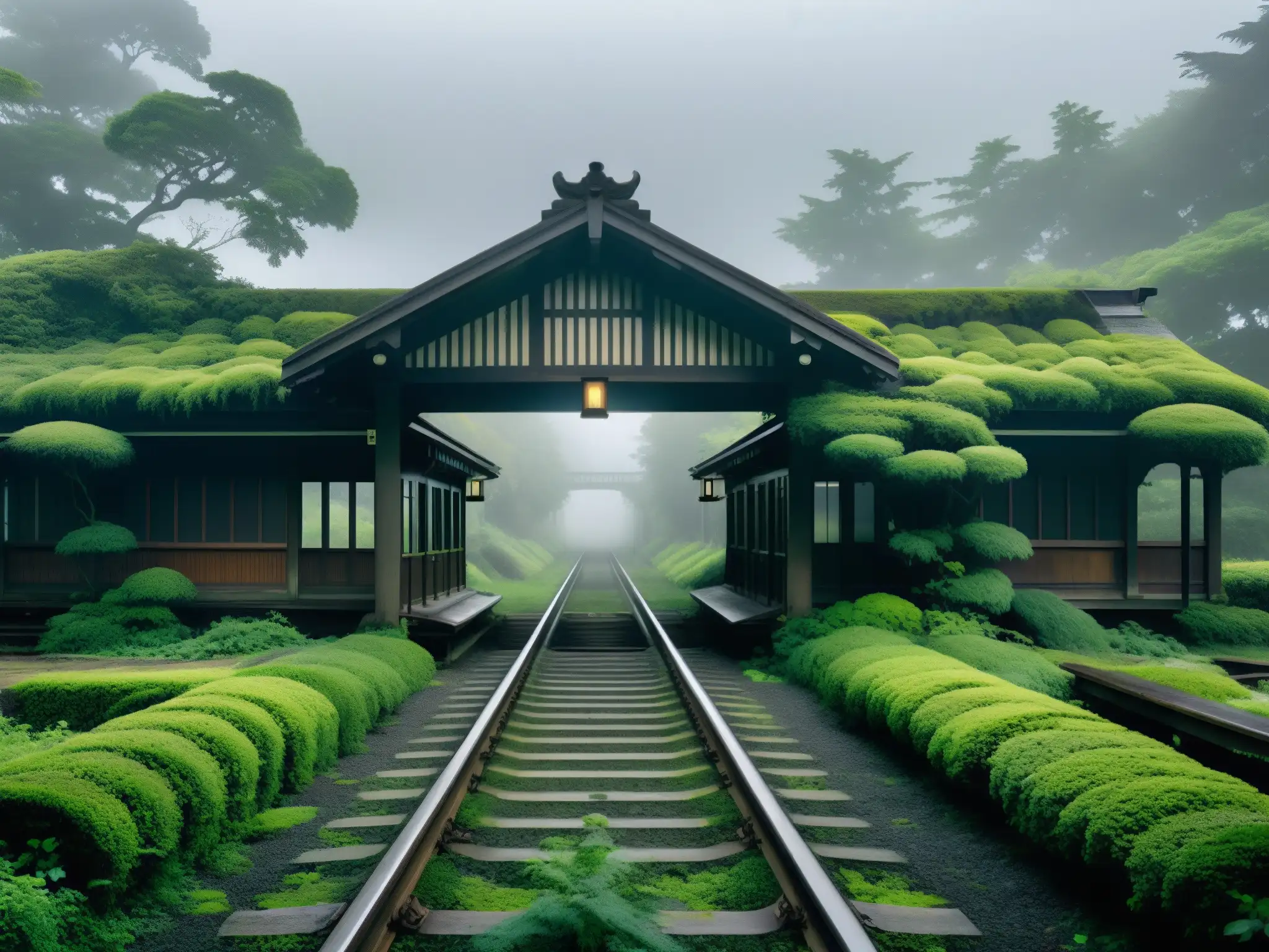 Estación de tren abandonada en Japón, cubierta de musgo y enredaderas, rodeada de neblina, con un tren fantasmal a lo lejos