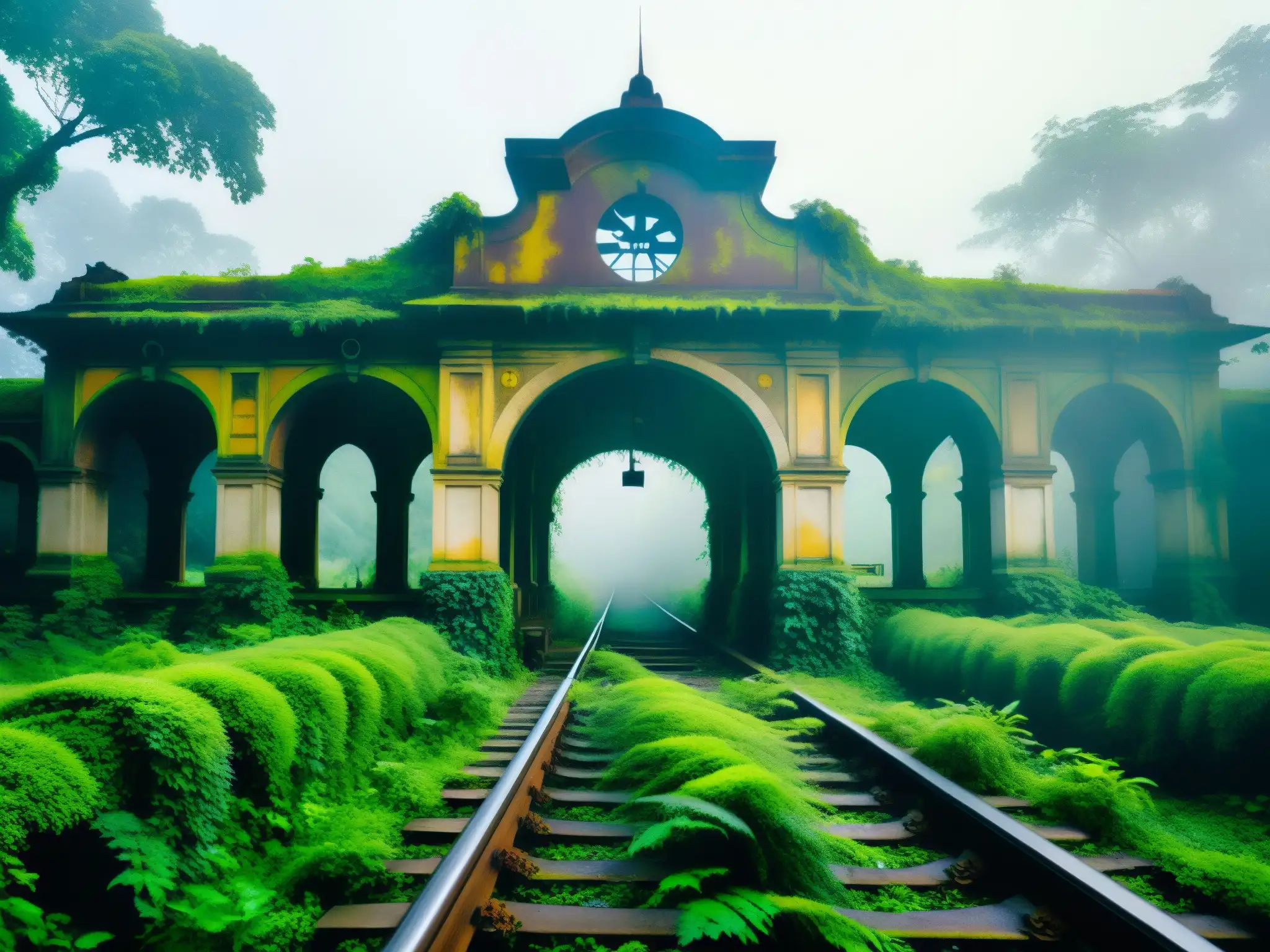 Estación de tren abandonada en la misteriosa jungla de Bengala, cubierta de enredaderas y musgo