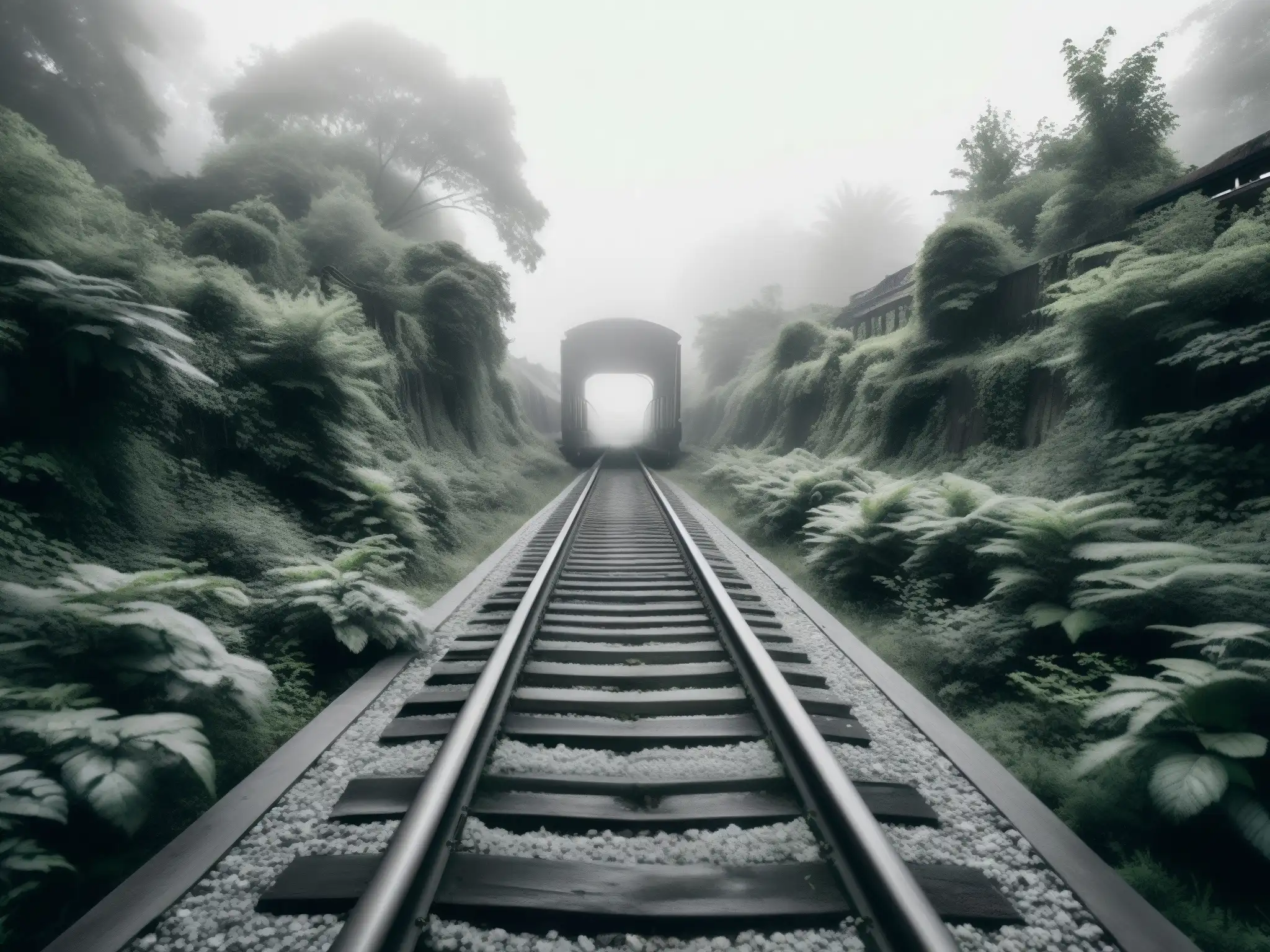 Un tren abandonado se pierde en un bosque neblinoso