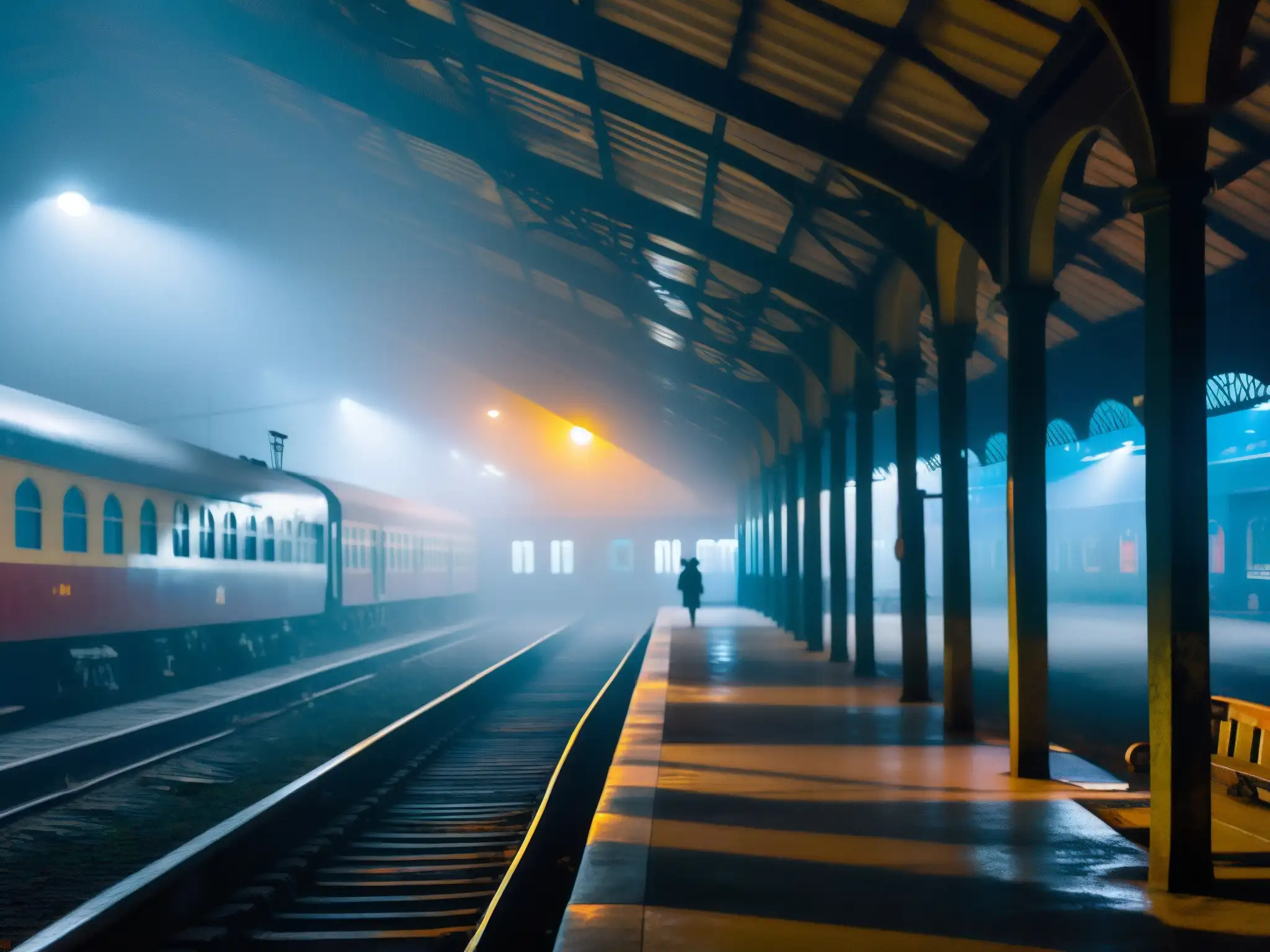 Un tren abandonado bajo la luz de la luna en la estación de tren de Howrah, creando una atmósfera misteriosa y fantasmal