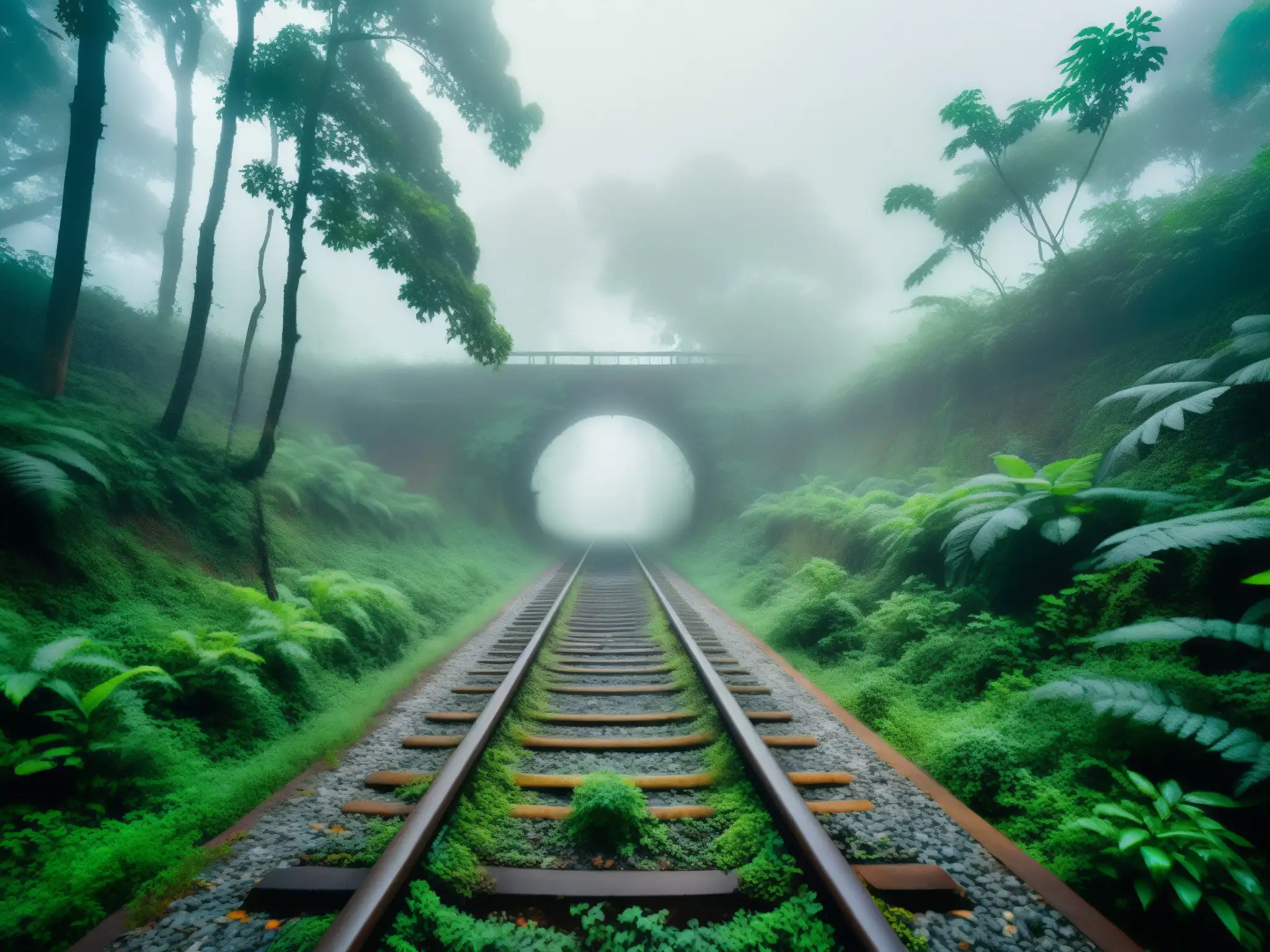 Tren abandonado entre la niebla y la vegetación en la India, evocando misterios y leyendas de trenes fantasma