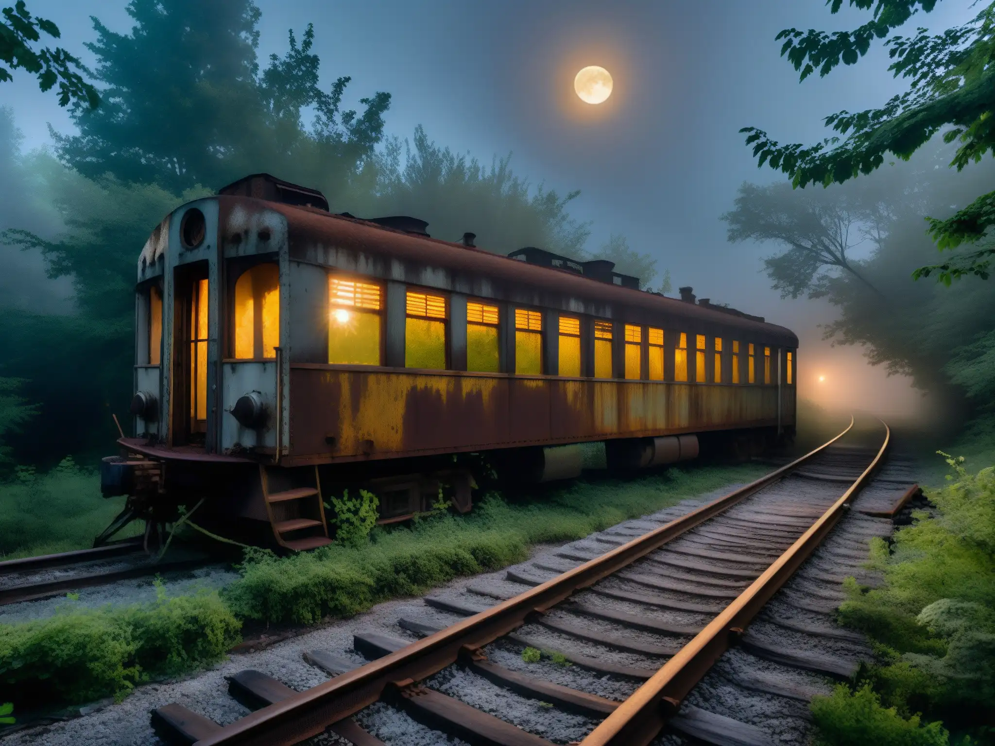 Un tren abandonado con pintura descascarada y ventanas rotas reposa en vías cubiertas de maleza, envuelto en densa niebla