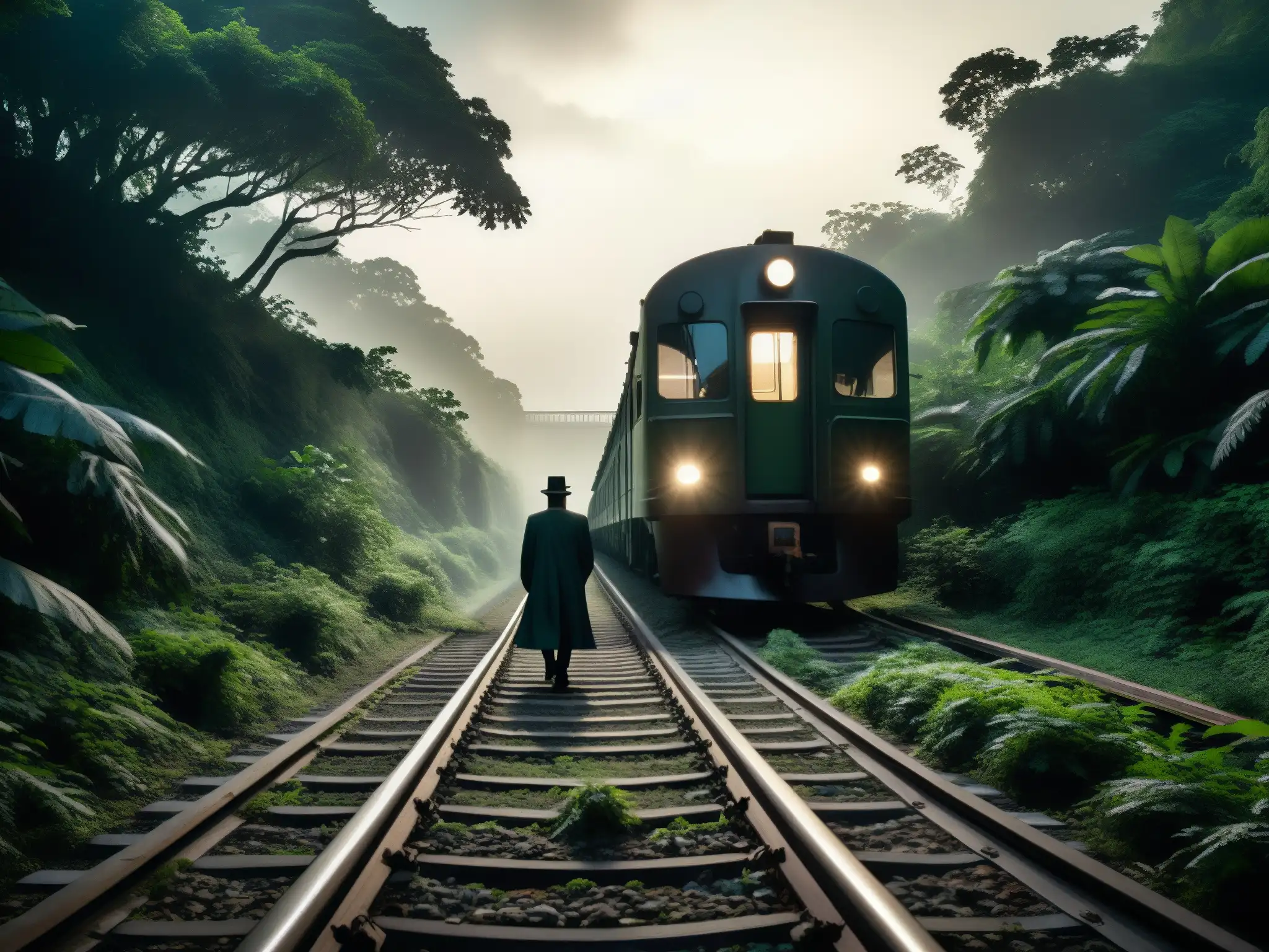 Tren Fantasma Bishan: vías cubiertas de niebla en bosque denso, con un tren abandonado al fondo