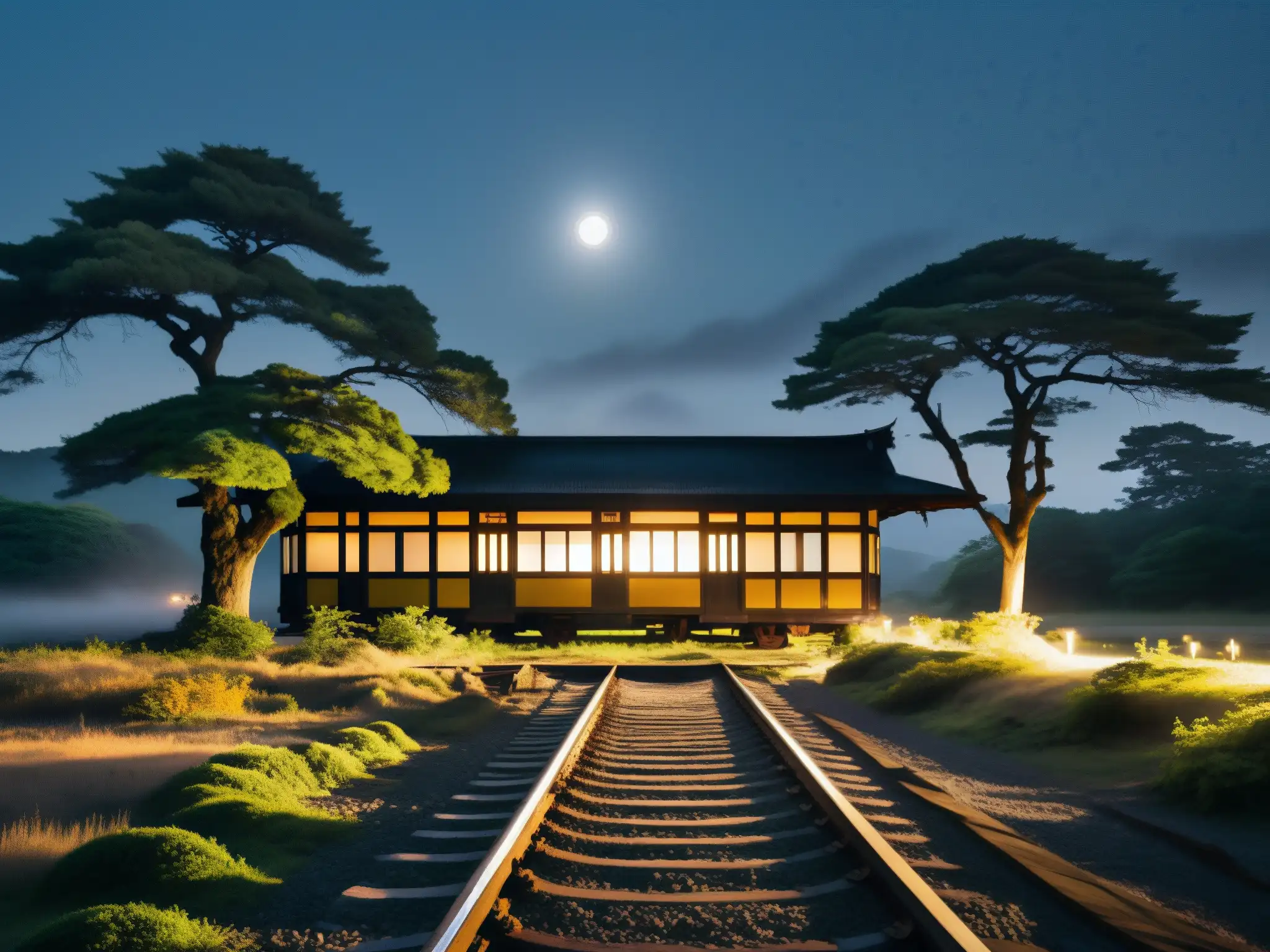 Tren fantasma en la estación abandonada de Japón, con vías cubiertas por la niebla y árboles antiguos
