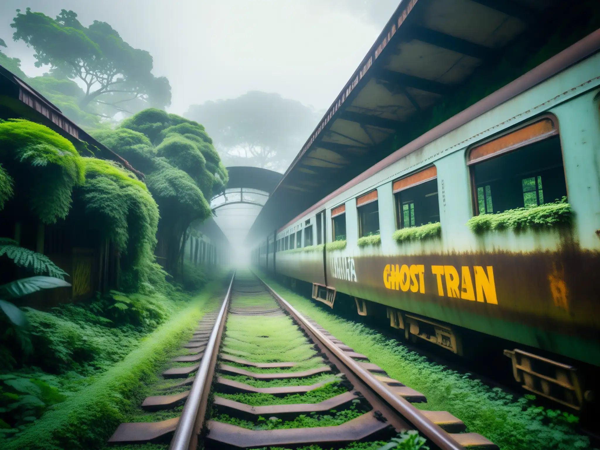 Un tren fantasma abandonado en el bosque de Bishan, con vías oxidadas desapareciendo entre la niebla, rodeado de vegetación