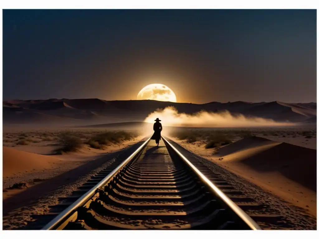 Tren fantasma en la desolada noche del desierto del Sahara, con un tren abandonado envuelto en misteriosa neblina