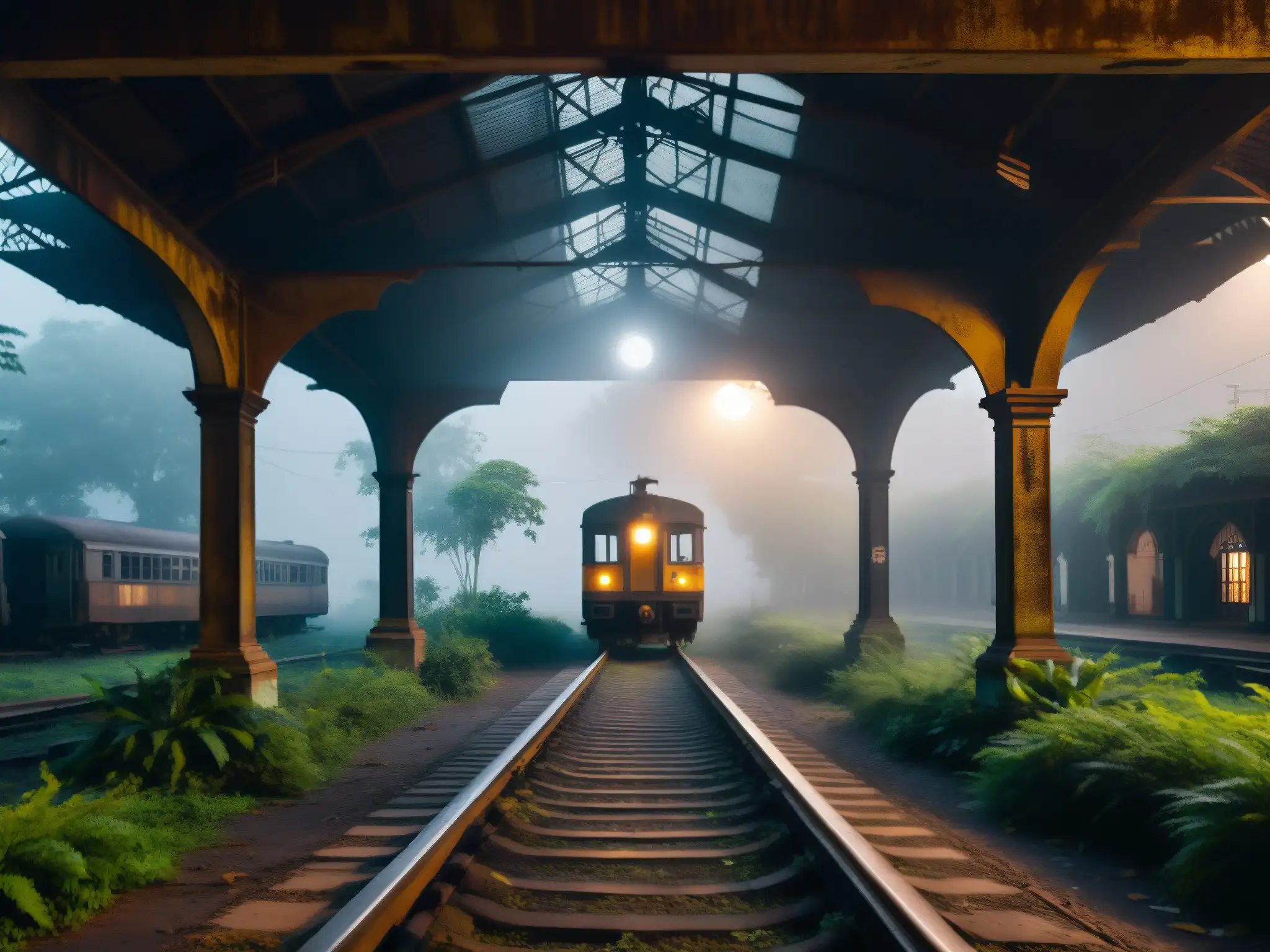 Tren fantasma en una estación abandonada de la India, entre la niebla de la noche, rodeada por la vegetación