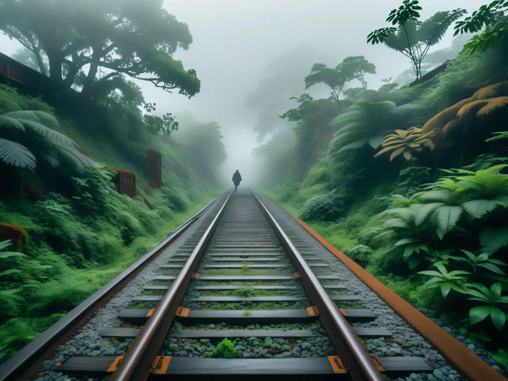 Tren fantasma Bishan: Vías oxidadas se pierden en la niebla de un bosque misterioso, evocando su enigmática historia
