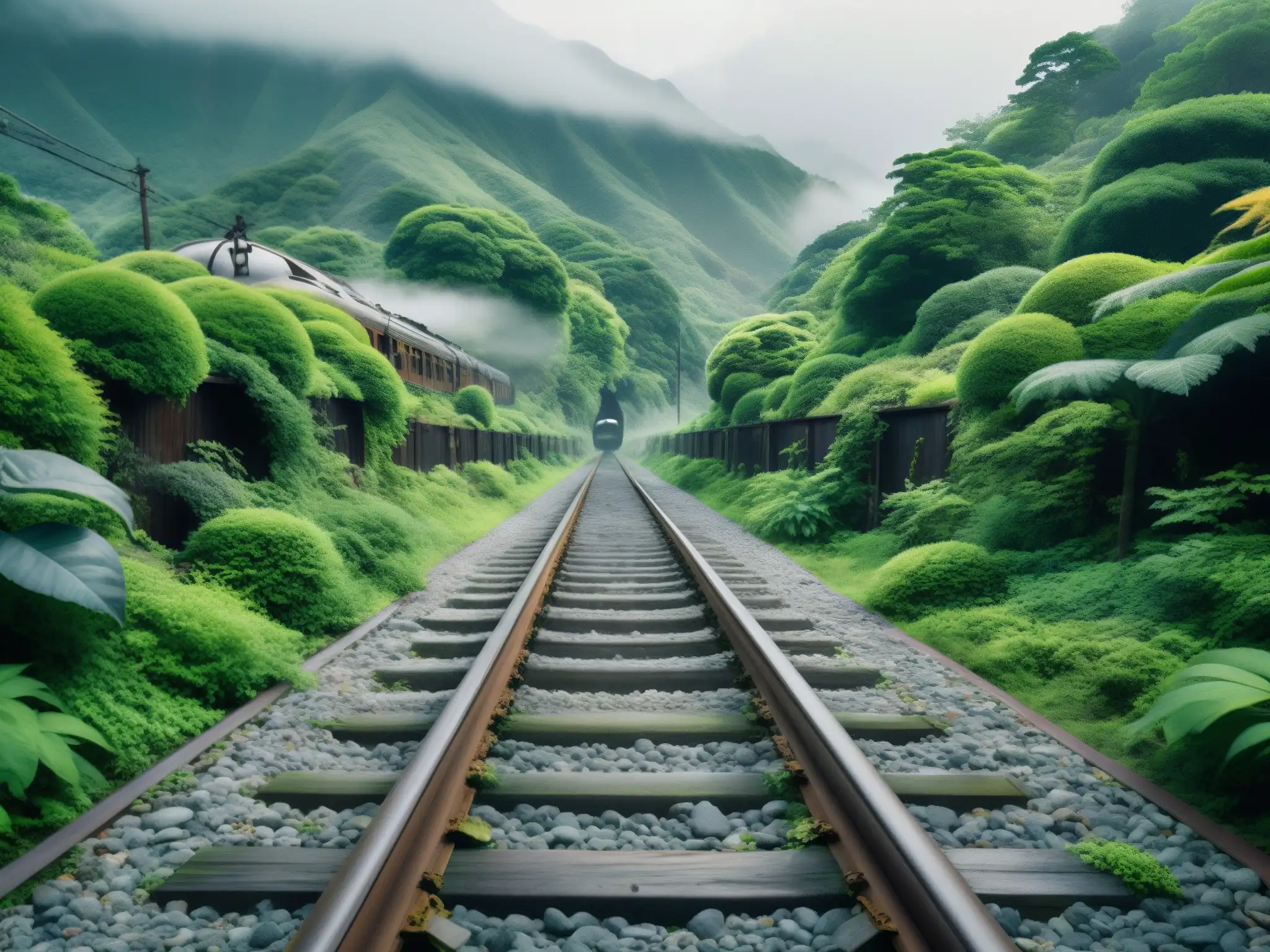 Tren fantasma Japón: vías abandonadas, montañas brumosas y atmósfera misteriosa evocan la legendaria leyenda