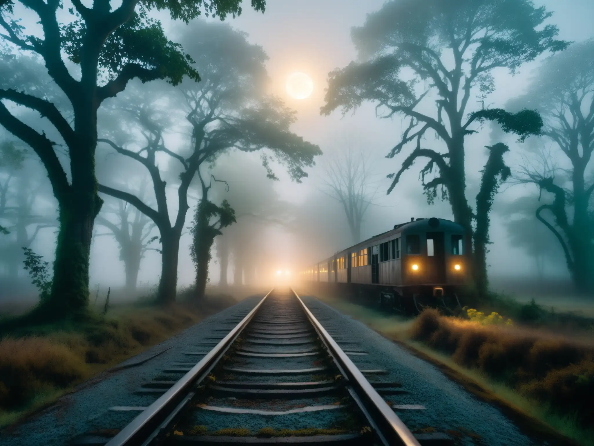 Trenes Fantasma de Bengal: Bosque brumoso y abandonada vía férrea, evocando misterio y nostalgia