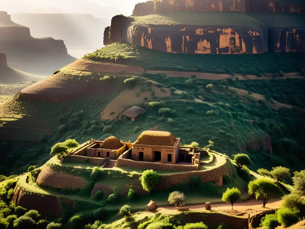 La tumba de la Reina de Saba: Antiguas tumbas esculpidas en colinas rocosas, bañadas por la luz dorada del sol en Etiopía del norte