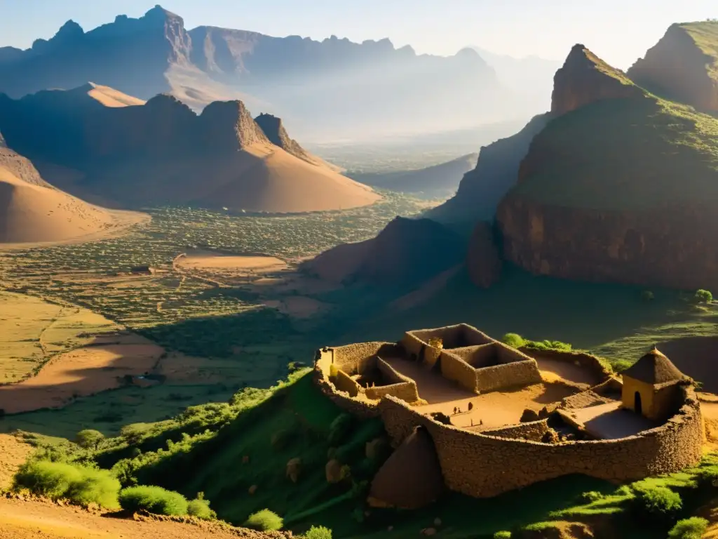 La tumba de la Reina de Saba: paisaje etíope con montañas neblinosas, ruinas antiguas, luz dorada y aldeanos
