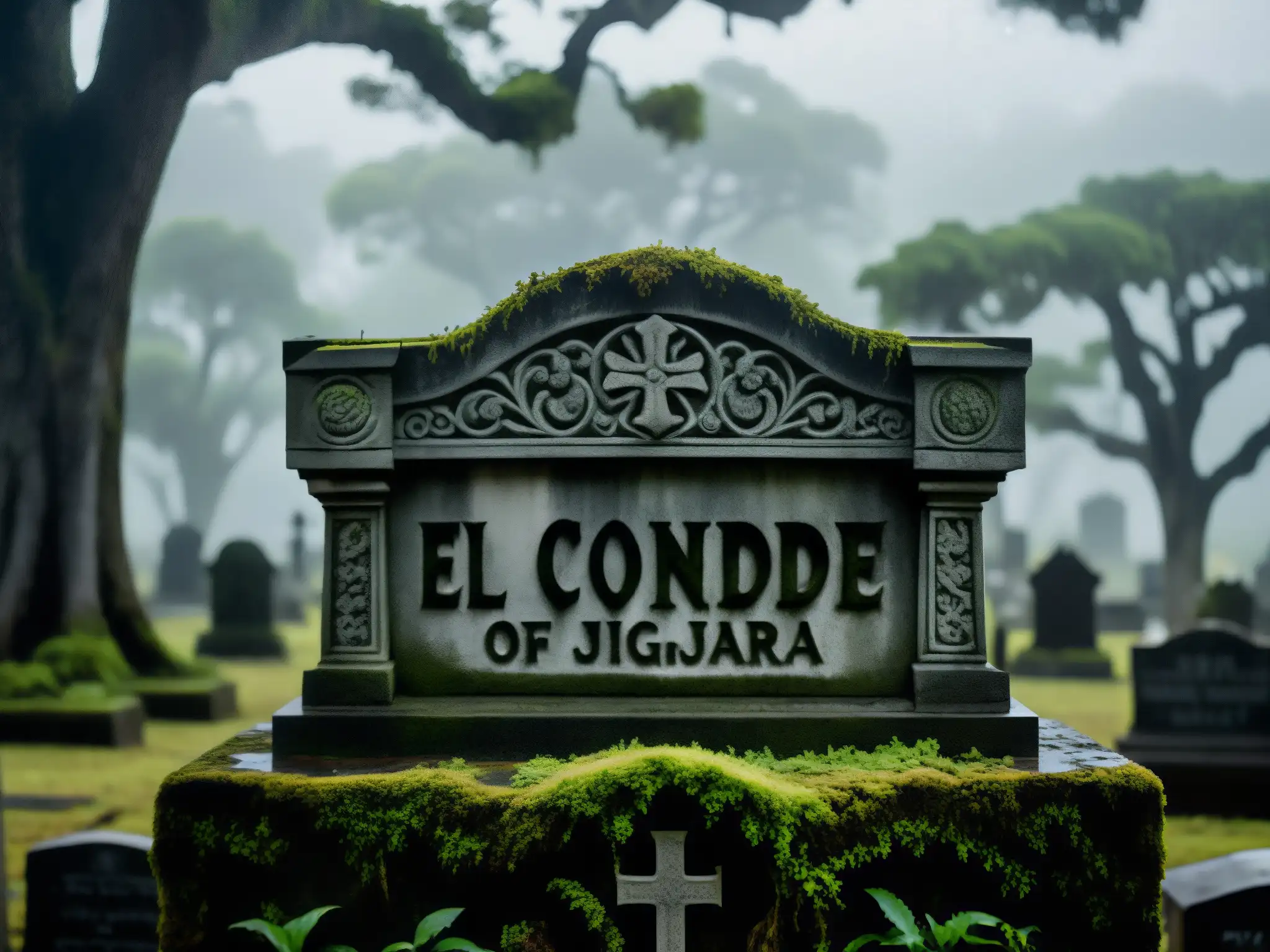 La tumba del supuesto vampiro de Guadalajara, 'El Conde', cubierta de musgo, rodeada de árboles retorcidos y una neblina tenue, bajo un cielo gris