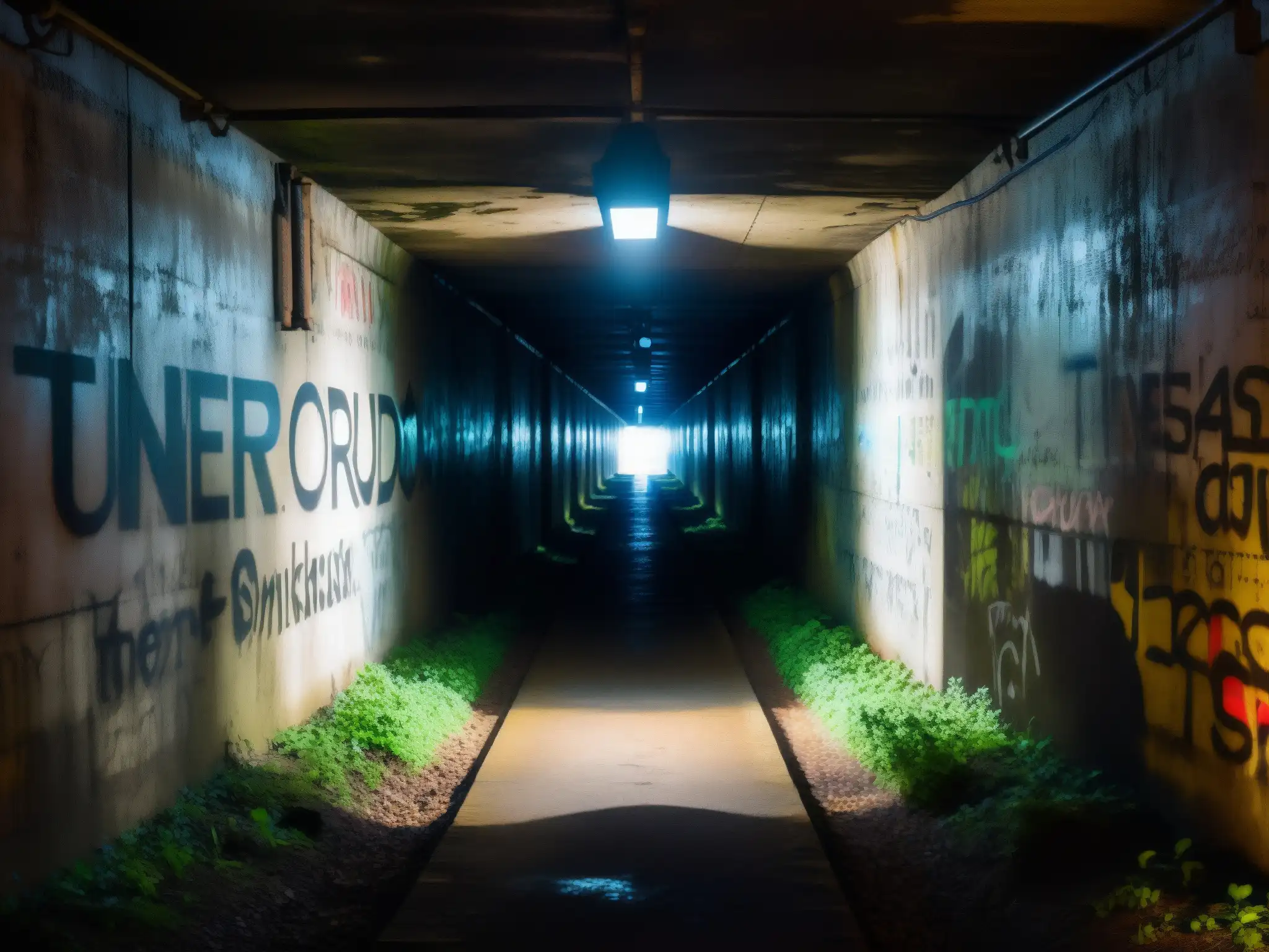 Un túnel abandonado y tenebroso con graffiti inquietante, símbolos misteriosos y una atmósfera de leyendas urbanas más aterradoras