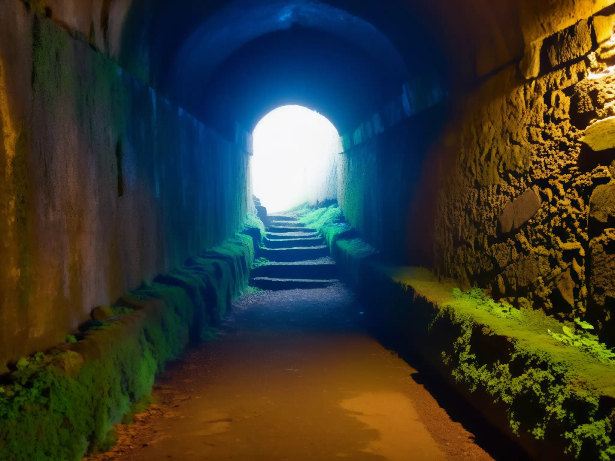 Un túnel angosto y tenue se adentra en la oscuridad, con muros de piedra cubiertos de musgo y un resplandor tenue y espeluznante al final del pasaje