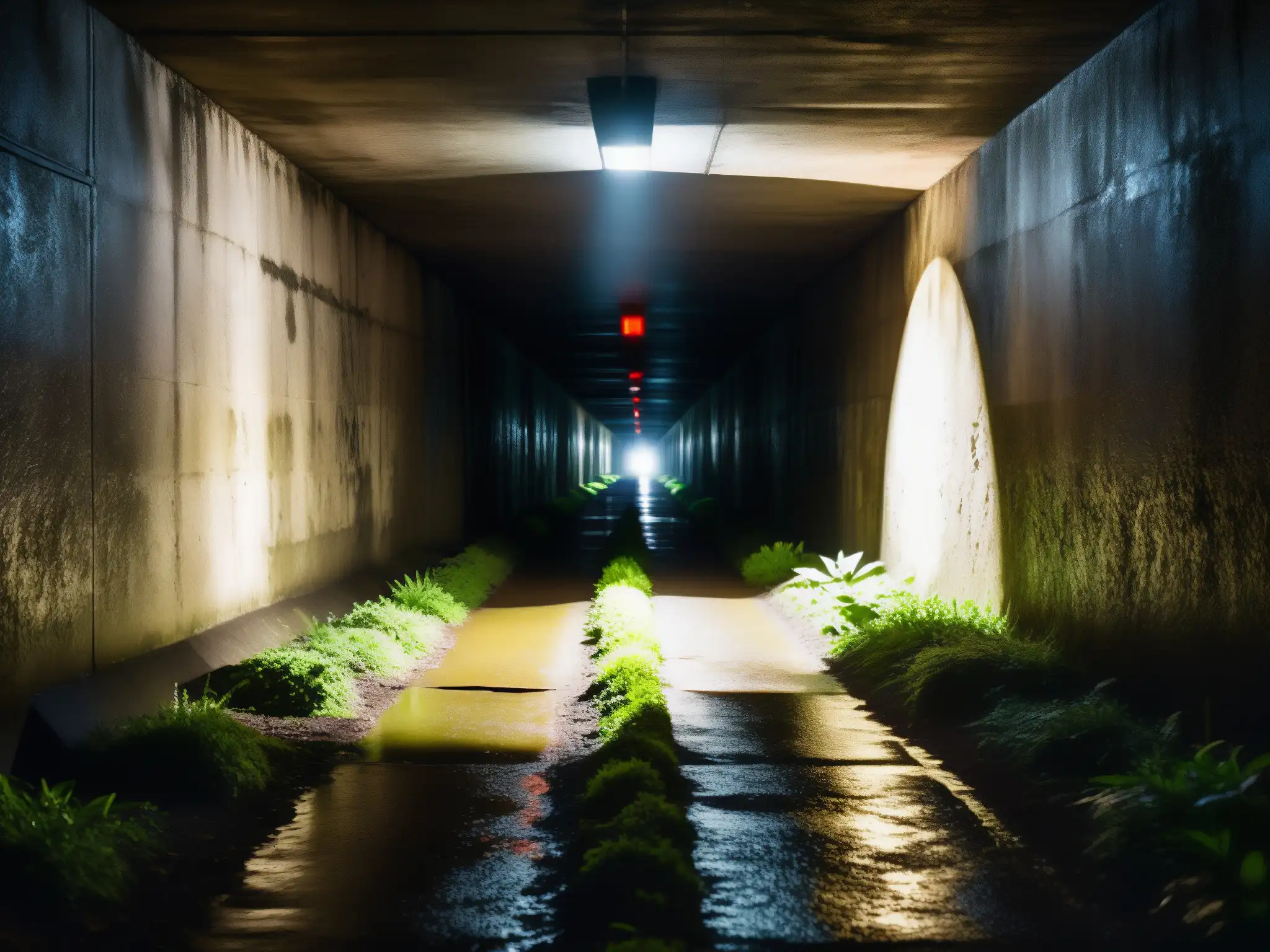 Un túnel oscuro con muros húmedos y musgosos