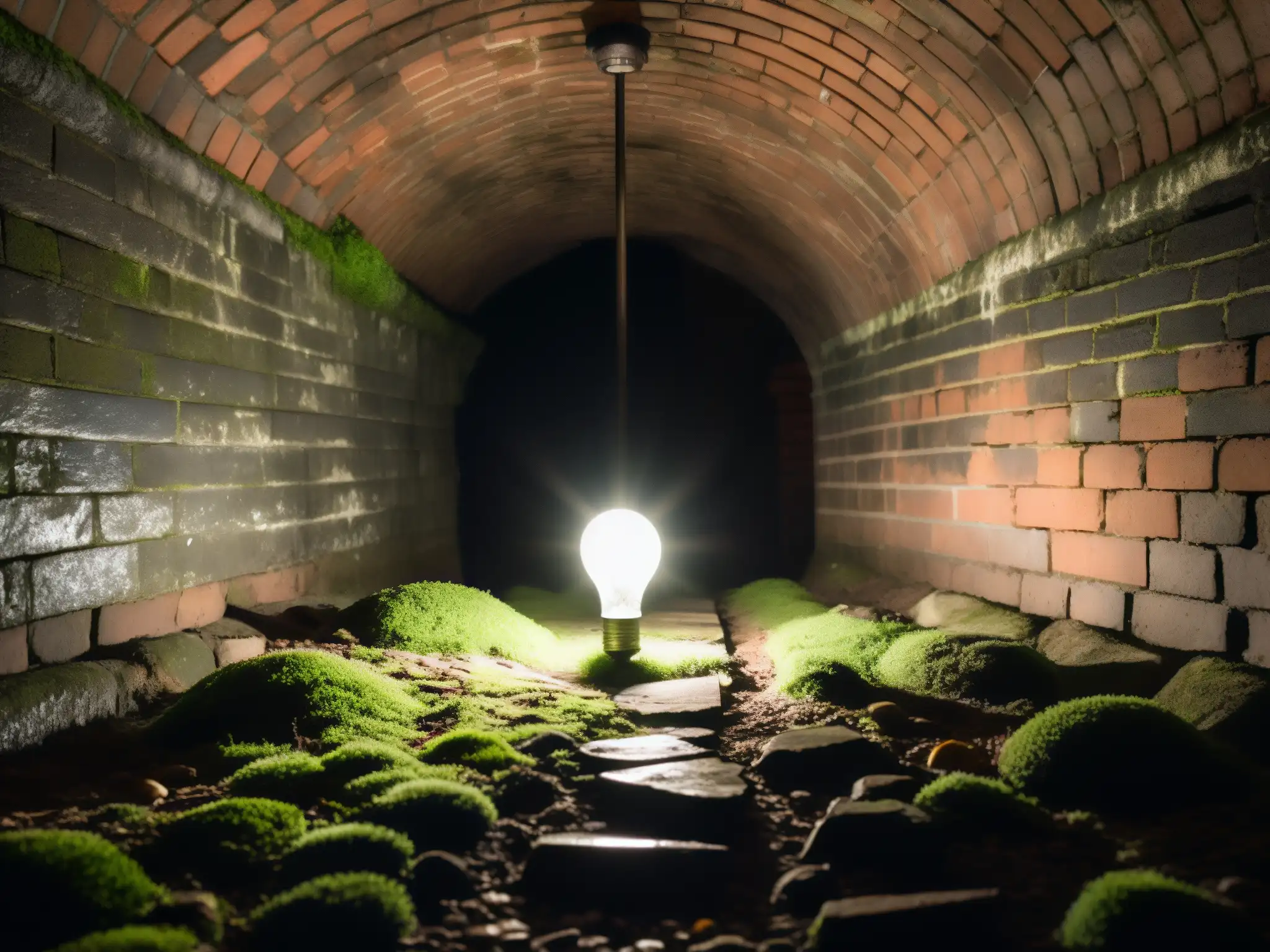 Un túnel subterráneo con ladrillos cubiertos de musgo y telarañas