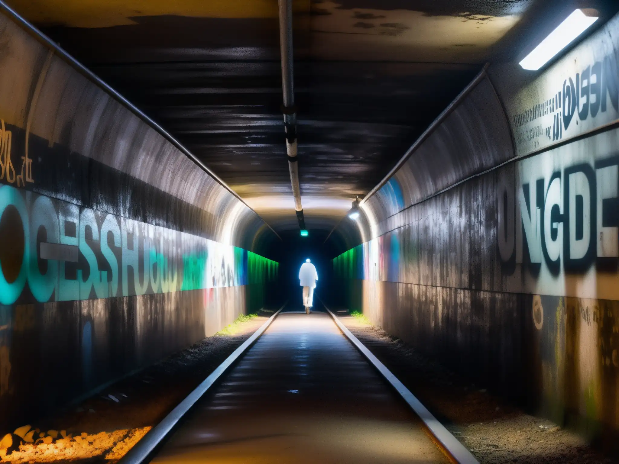 Un túnel subterráneo con luces tenues, grafitis inquietantes y una atmósfera misteriosa que evoca las leyendas urbanas más aterradoras