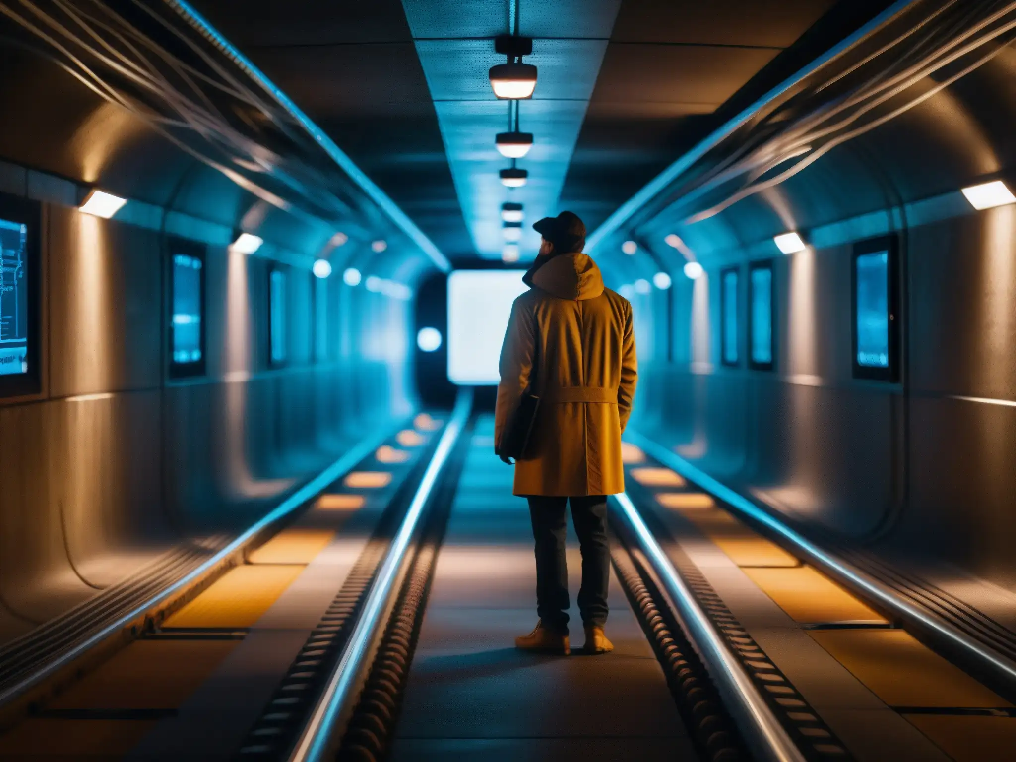 En un túnel subterráneo con una luz tenue, una figura rodeada de pantallas y cables, zonas ocultas de internet existen