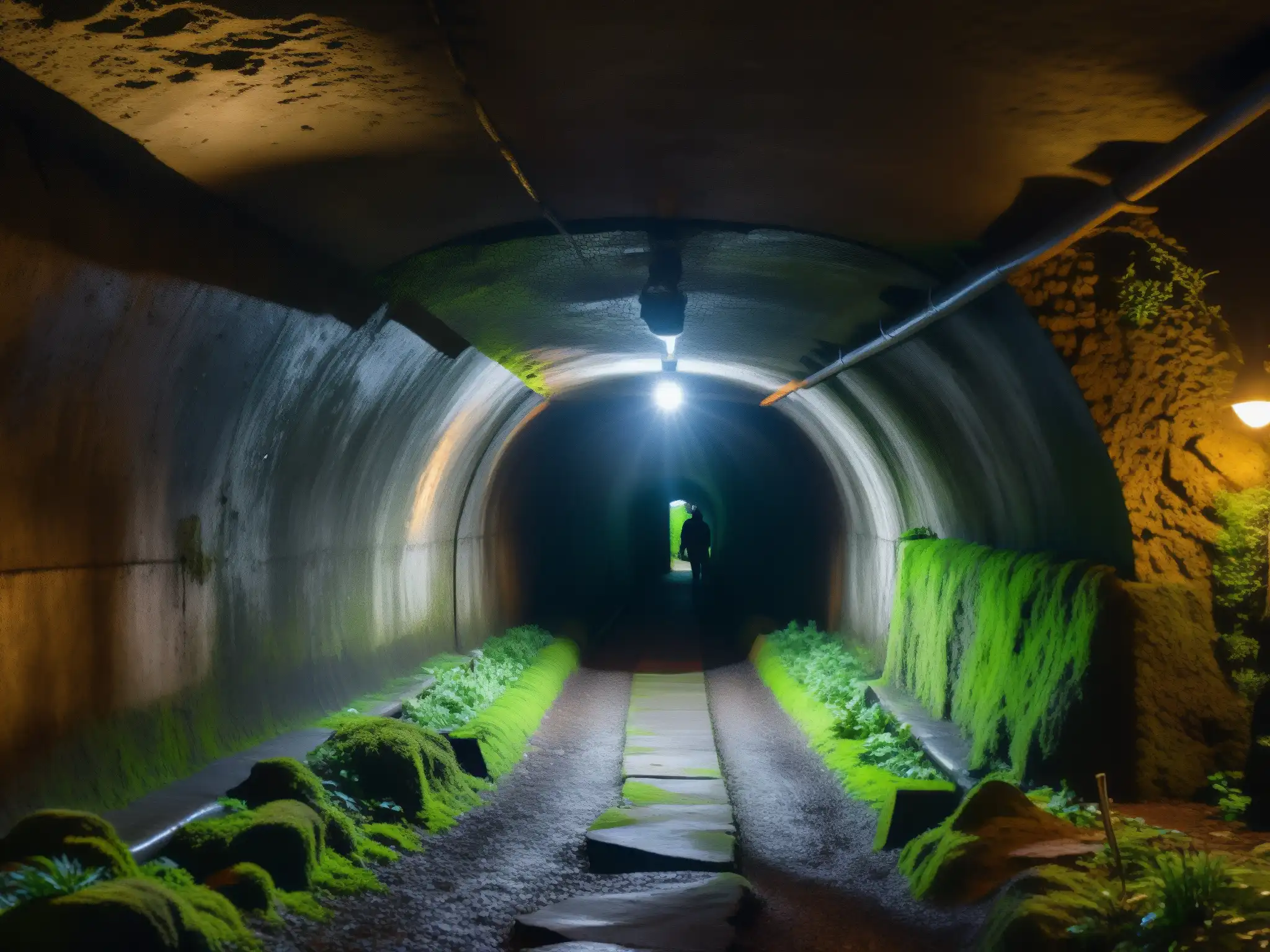 Un túnel subterráneo oscuro con paredes cubiertas de musgo, un estrecho camino que se adentra en la oscuridad y un tenue resplandor desde una apertura distante, revelando la atmósfera misteriosa