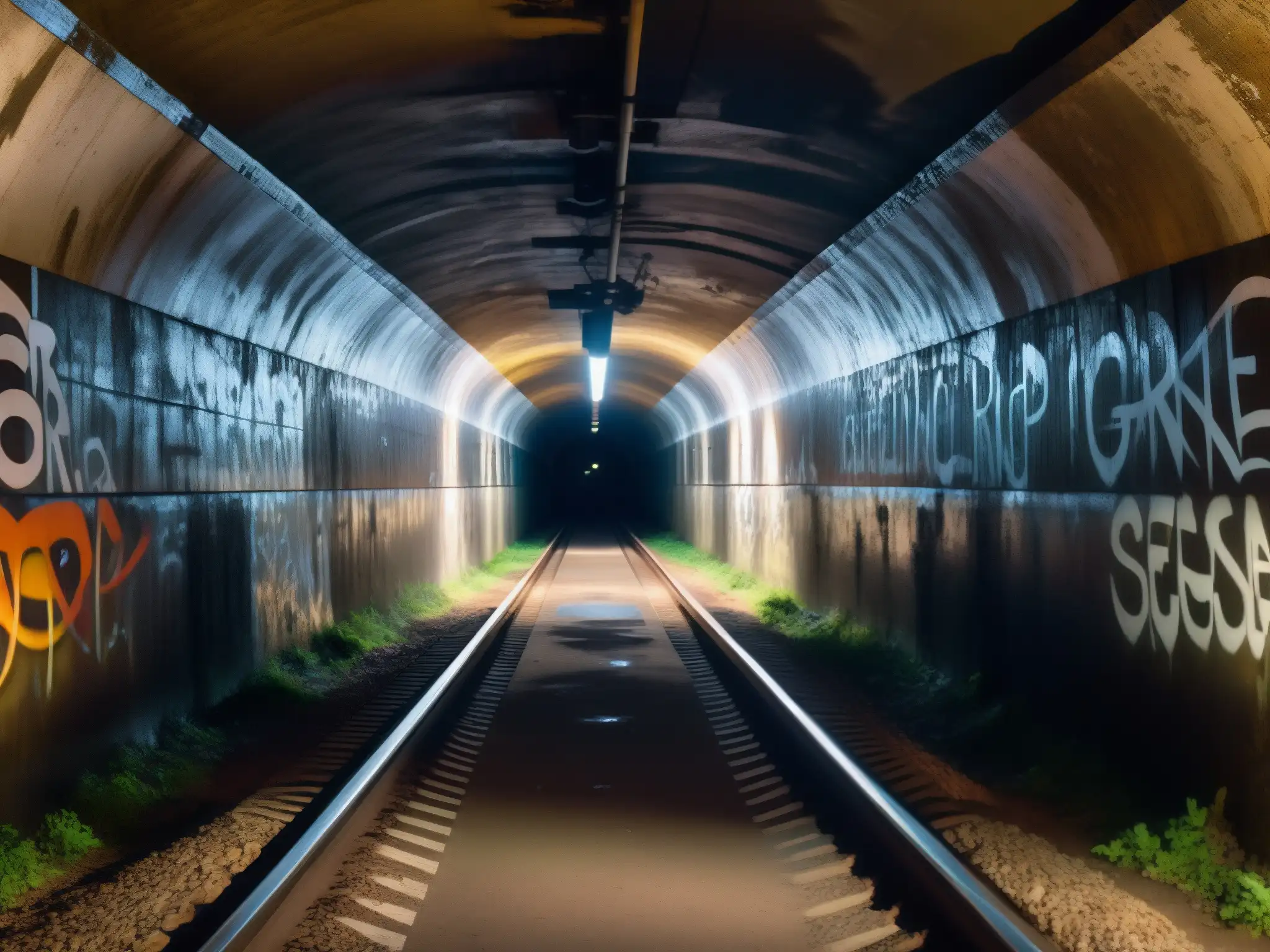 Un túnel subterráneo con paredes llenas de grafitis, sombras inquietantes y una atmósfera de misterio