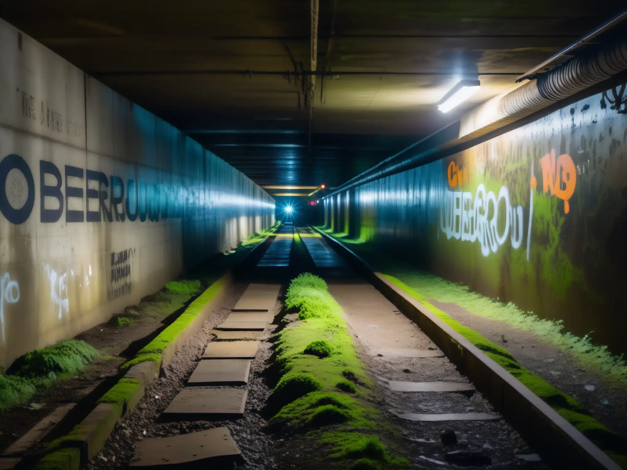 Un túnel subterráneo en penumbra con grafitis y moho, revela la atmósfera inquietante y el misterio de la base subterránea de Denver mito