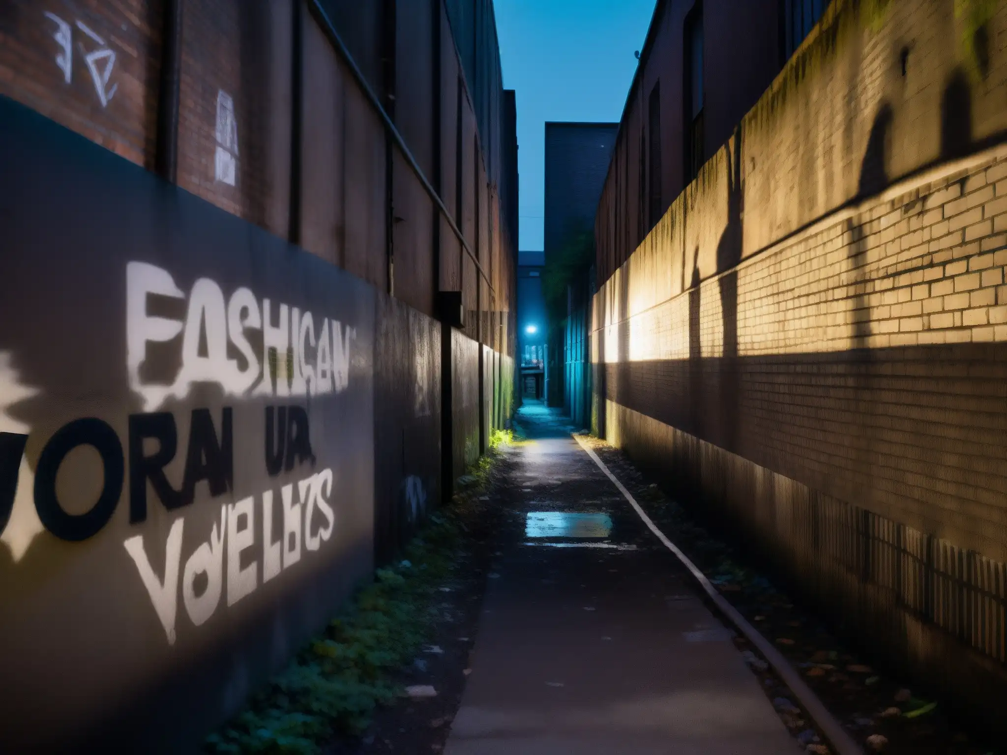 Alley urbano con graffiti, luces parpadeantes y una figura solitaria, evocando el impacto psicológico de leyendas urbanas