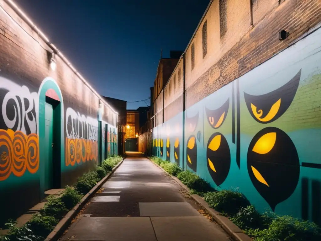 Alley urbano con murales de fusión mitos leyendas urbanas, luces tenues y atmósfera misteriosa