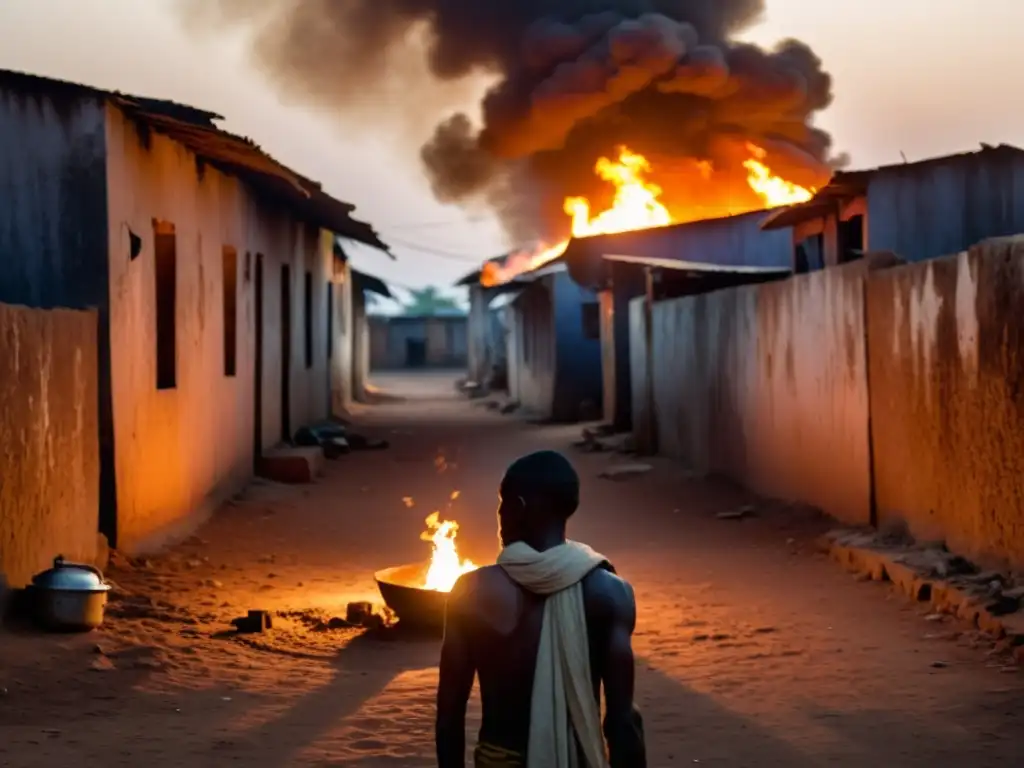 Un vagabundo inmortal en una lúgubre calle de Cotonú, Benin, contemplando el fuego, rodeado de sombrías siluetas de edificios en ruinas