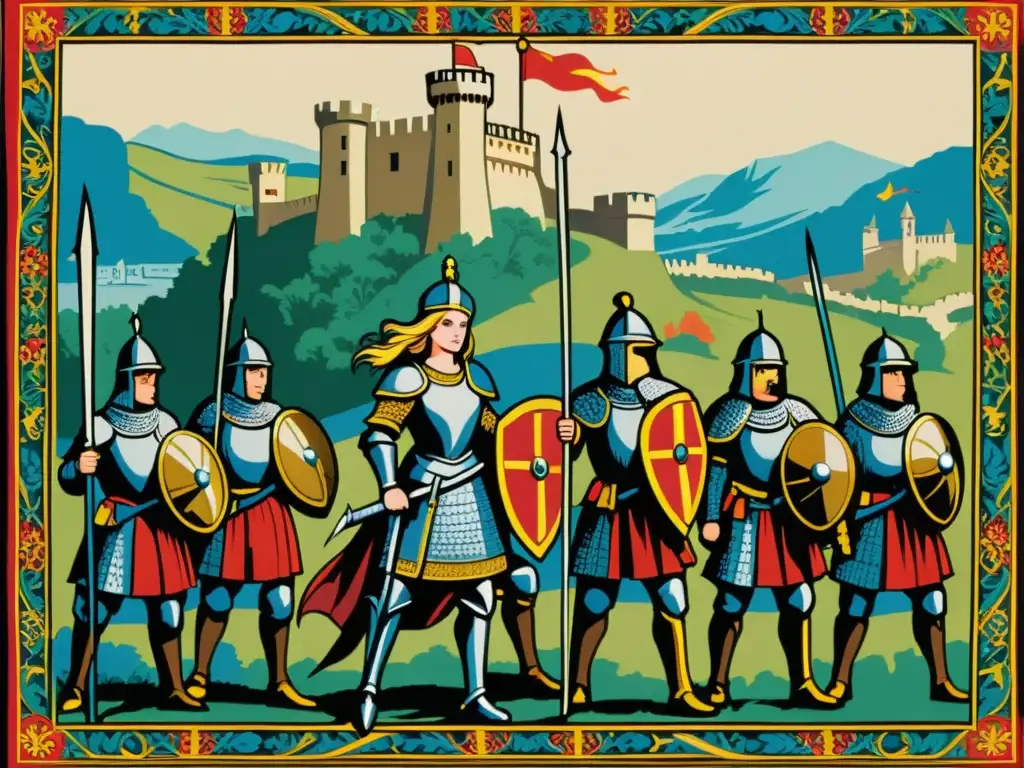 Una valiente guerrera medieval lidera con determinación a sus soldados en la batalla, mostrando el empoderamiento en la Edad Media